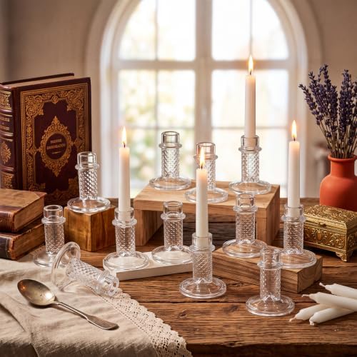 Mumufy 12 Pcs Glass Crystal Taper Candle Holders, 4 Inch Clear Glass Candlestick Holder Fit 0.8 Inch Candles, Crystal Decorative Candle Stand Centerpiece for Wedding, Dining Room, Party(Diamonds) by Mumufy