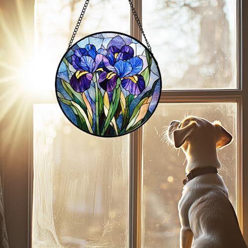 Blue Purple Iris Flowers Stained Glass Window Hanging Suncatcher Gifts 12" - Image 3