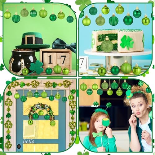 Lunmon 64 Pcs St. Patrick's Day Ball Ornaments Glitter Matt Lime Green Assorted Plastic Irish St. Patrick's Day Decoration for Xmas Tree & Party Supplies - Image 6