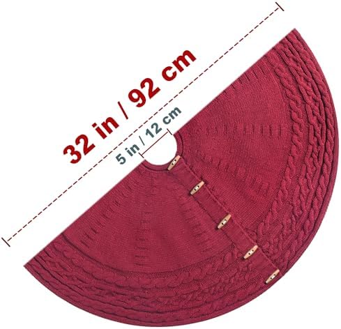 36-Inch Cable Sweater Knit Christmas Tree Skirt with Wooden Toggles, Burgundy - Image 4