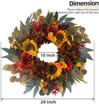 HipTree 24 Inch Fall Sunflower Hydrangea Wreath Autumn Front Door Wreath - Image 3