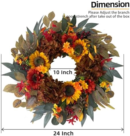HipTree 24 Inch Fall Sunflower Hydrangea Wreath Autumn Front Door Wreath - Image 3