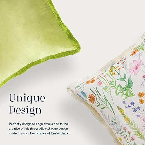 Phantoscope Pack of 2 Happy Easter Throw Pillow Covers - Tassel Trimmed Printed Colorful Flowers and Rabbits Spring Farmhouse Decorative Easter Pillows, Light Green, 18x18 Inches - Image 5