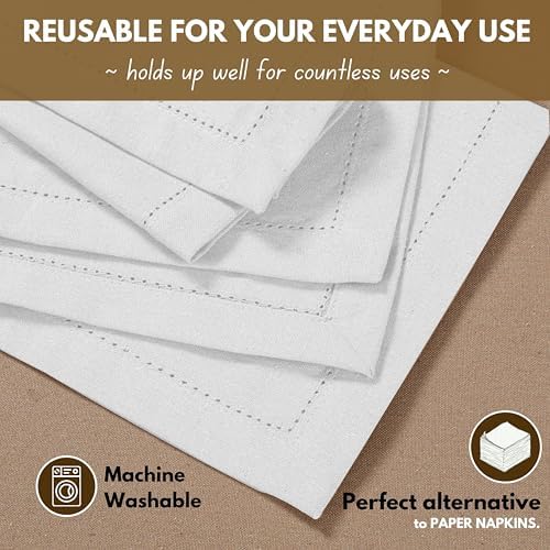 Native Fab Set of 12 Cotton Cloth Napkins, 18 x 18 inch, Hemstitched Edges with Mitered Corners, Soft, Absorbent, Reusable Table Linen Napkins for Wedding, Events, Lunch, Dinner, Parties - White - Image 4