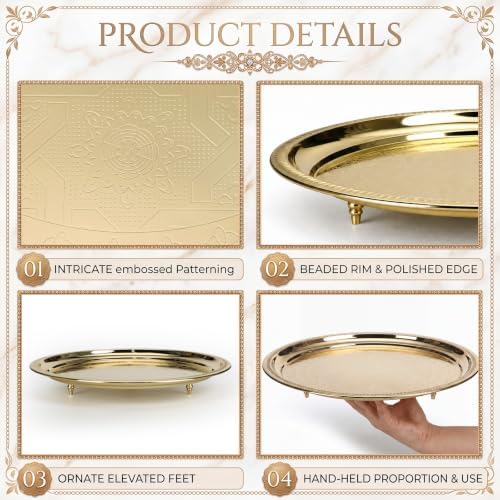 Hushee 15.7 Inch Gold Metal Decorative Tray with Feet Vintage Round Embossed Coffee Table Serving Tray for Candles Jewelry Living Room Entryway Dining Room - Image 5