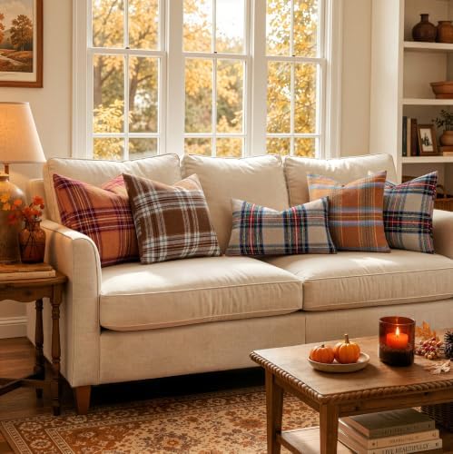 MIULEE Fall Plaid Decorative Pillow Covers Set of 2 22x22 Brown - Image 4