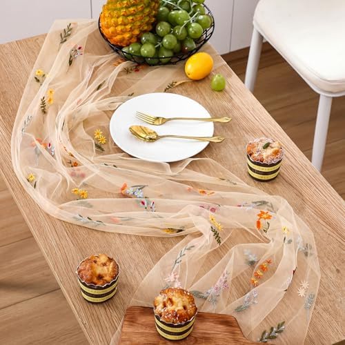 Boao 3 Pcs Wildflower Table Runner Embroidery Tulle Spring Summer Table Runner 120 Inch 10 ft Kitchen Dining Decoration for Wedding Baby Shower Bridal Shower Home Decor Birthday Party (Champagne) - Image 5