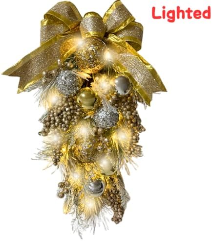 24 Inch Lighted Christmas Teardrop Wreath with Timer and Ornaments - Image 2