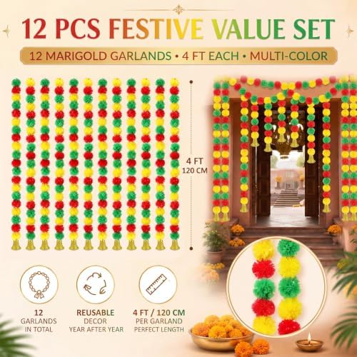 12 Pcs Marigold Artificial Garland 5 ft with Gold Bells for Diwali - Image 2