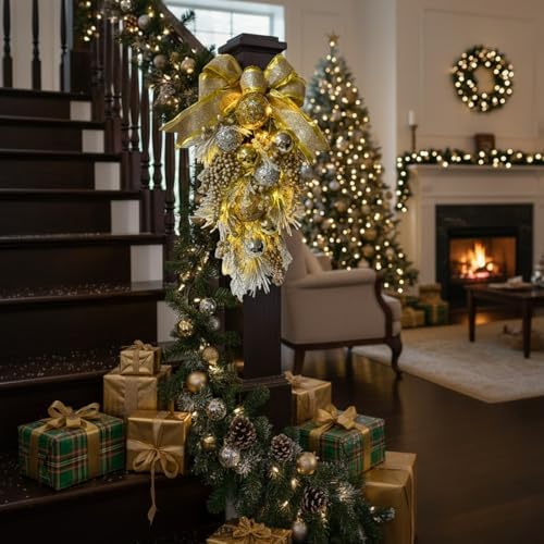24 Inch Lighted Christmas Teardrop Wreath with Timer and Ornaments - Image 5