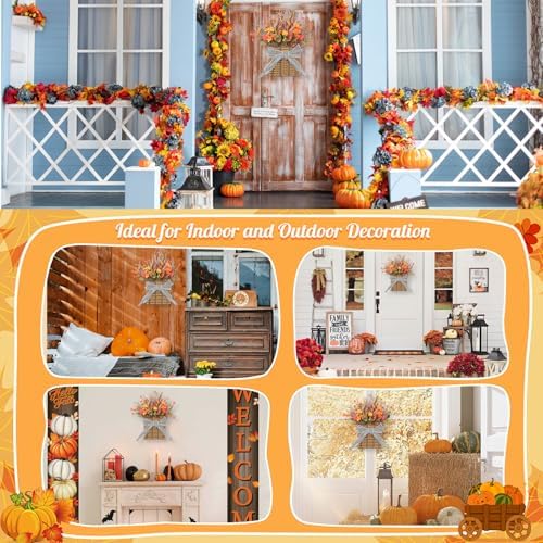 Fall Door Hanger Basket Wreath 15" Artificial Autumn Thanksgiving Wildflowers Wreaths Basket with Lantern Fruits Chrysanthemums Wheat Stems for Front Door Harvest Festival Porch Farmhouse Decor - Image 4
