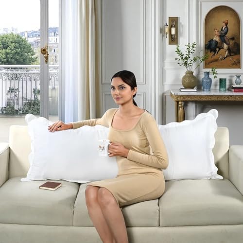 Ridhi White with White Scalloped 100% Cotton Throw Pillow Covers 20x54 Inch - Image 5