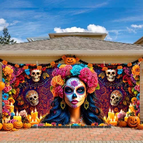 Mexican Day of the Dead Garage Door Banner 7x16ft, Dia de los Muertos Catrina Skull Bride Outdoor, Sugar Skull Altar Candle Double Garage Door Cover Tapestry Mural for House Front Holiday Decor - Image 5