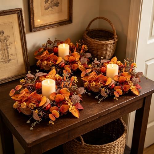 4 PCS Fall Candle Ring Wreaths Artificial Autumn Eucalyptus Candle Wreath with Leaves Berries Flowers Thanksgiving Farmhouse Harvest Wreath Candle Holder for Pillar Candles Table Centerpiece Decor - Image 6
