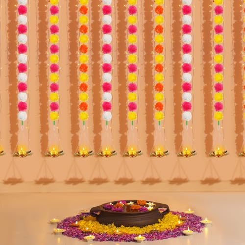 6 Sets Marigold Garland with Lotus Candle Holders for Diwali Pooja Puja - Image 5