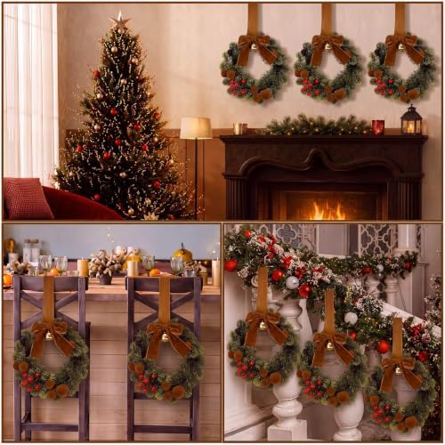 6 Pack Small Christmas Velvet Cabinets Wreaths with Ribbon Bell - Image 3