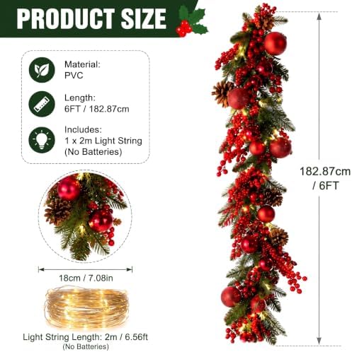 Thiccywoov 6ft LED Prelit Christmas Garland with Lights, Burgundy - Image 3