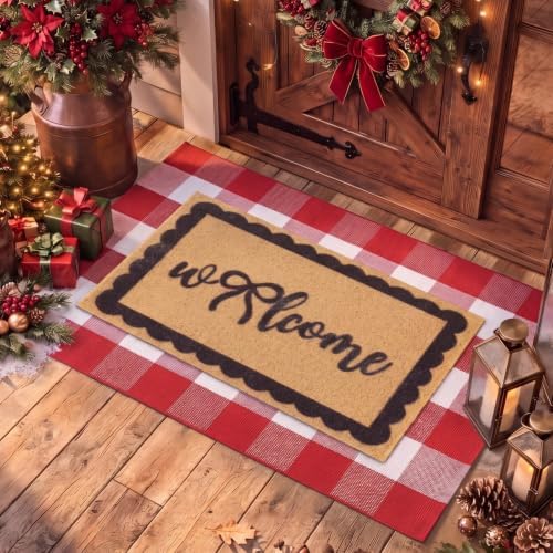 2pcs Christmas Welcome Mat for Front Door Layered Buffalo Plaid Outdoor Rug by Unknown