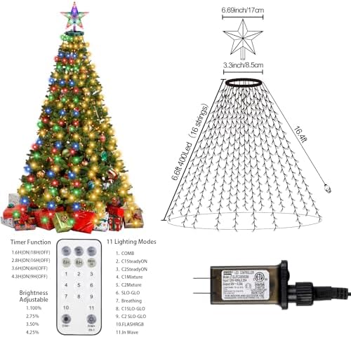 Christmas Tree Lights with Star Topper, 410LED Christmas String Lights with Ring for Tree, 6.6FT x 16 Lines Fairy Lights with 11 Modes for Indoor Outdoor Xmas Tree Decor, Warm White & Multi-Colored - Image 6
