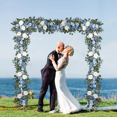 DearHouse 2Pcs Artificial Peony Flower Garland and - Silk Peony Garland with Flowers and Eucalyptus for Wedding Party Table Decoration,6ft/Strand (Blue) - Image 6