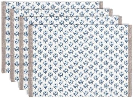Over&Back Set of 4 Hand-Blocked Placemats - Colorful Dining Table Mat - Each Placemat is Unique - 100% Cotton - Machine Washable - Kitchen and Home Decor - Blue Blossom by overback