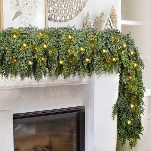 2PCS 6FT Cedar Christmas Garland with Light, Extra Full Artificial Cedar Garland with 840 Tips, LED Lights with 8 Modes, Holiday Greenery Garland for Mantel, Staircase, Doorway Christmas Decor by FAJUNZH