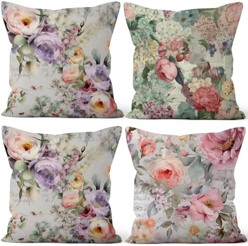 Colorful Floral Throw Pillow Covers 26''x26'' Set of 4, Vintage Flowers Pillow Cases Decorative Spring Roses Cushion Covers for Couch Sofa Bedroom Farmhouse Livingroom Garden Patio Car by VieSavaran