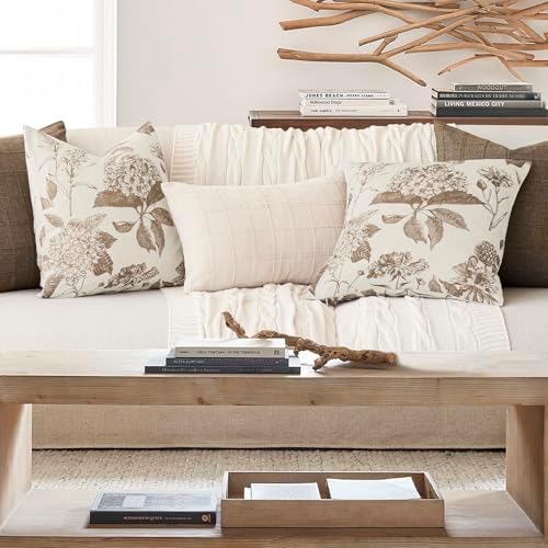 Foindtower Set of 2 Linen Floral Throw Pillow Covers Neutral Vintage Print Decorative Cushion Covers Farmhouse Boho Home Decor for Sofa Chair Couch Bedroom Living Room,22×22 Inch,Light Brown - Image 6
