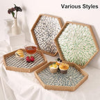 Hexagon Rattan Tray with Mother of Pearl Inlay, Rattan Serving Tray for Coffee, Bread, Fruits, Snacks, Decorative Wicker Tray for Table Decor, Home Decor (Light Blue Leaves, 14.5"×12.8") - Image 3