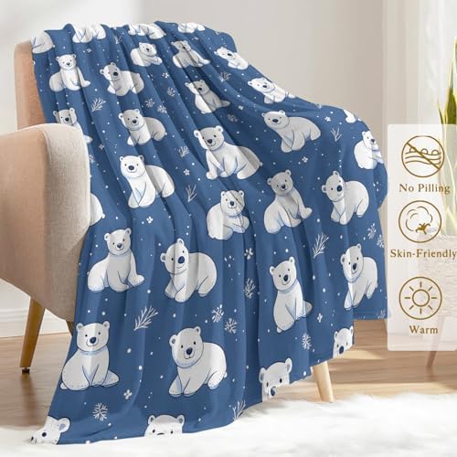 Cute Polar Bear Fleece Blanket - Lightweight Soft Cozy Gifts Throw for Animal Lovers,Kids,Women,Winter White Bears Blue Blankets,Home Room Modern Festive Decor 60x80in - Image 3