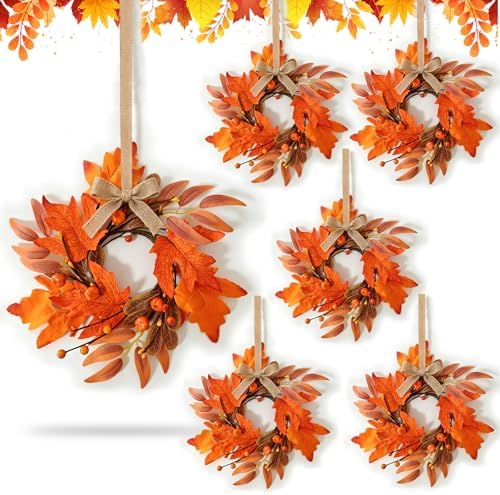 6 PCS Mini Fall Wreaths for Kitchen Cabinet 9 Inch Fall Maple Leaf Wreath for Front Door Small Autumn Hanging Wreath Thanksgiving Candle Ring for Farmhouse Home Porch Wall Window Table Decoration by Unknown