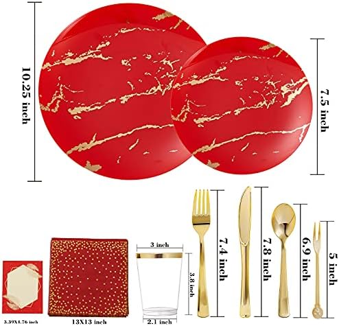 N9R 225PCS Red Gold Plastic Plates, Disposable Dinnerware Set hibachi Party - Image 2