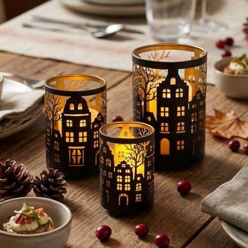TRIROCKS Village Silhouette Candle Lantern 7.5" H Etched Bronze Metal Candle Holder Decorations for Living Room Tabletop Parties Patio Entryway Indoors Outdoors(3PCS) by TRIROCKS