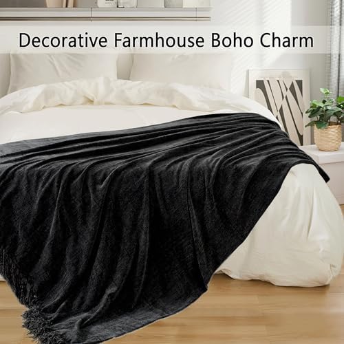 Chenille Throw Blanket for Couch 50" x 60", Black - Image 5