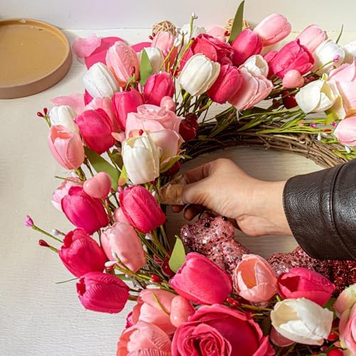 J'FLORU Valentines Day Decorations Romantic Valentines Day Gifts 22 Inch Valentine's Day Wreath with Lovely Bear Heart Roses Tulips for Valentine Party Anniversary Candlelight Dinner - Image 4