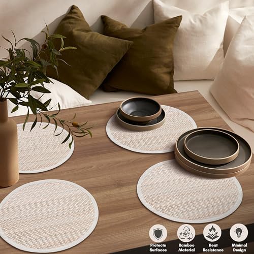 Hausattire Bamboo Placemats for Dining Table Set of 10 Washable 14 Inches Round Square Place Mats Sushi Mats for Kitchen Table Outdoor Parties Easter Farmhouse Boho Decoration - Beige - Image 3