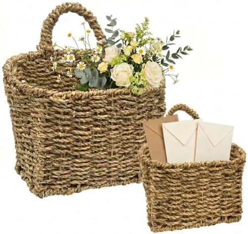 Set of 2 Wicker Wall Baskets for Hanging Storage, Handwoven Boho Wall Organizer, Decorative Wall Mounted Basket Set for Entryway, Mail, Keys, Plants, Flowers & Home Decor, Natural Sea Grass by Kultilanda