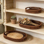 Set of 3 Serving Tray for Foods & Drinks, Faux Rattan Trays with Handles, Wicker Tray Handwoven Organizer Baskets Storage Decorative Coffee Table Brown - Image 5