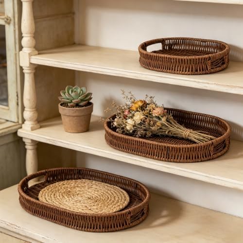 Set of 3 Serving Tray for Foods & Drinks, Faux Rattan Trays with Handles, Wicker Tray Handwoven Organizer Baskets Storage Decorative Coffee Table Brown - Image 5