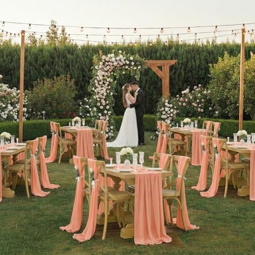 MDS Pack of 10 | Peach | 14ft Chiffon Table Runner 29x170 Inches Long Romantic Rustic Sheer Gauze Runner for Wedding Bridal Shower Birthday Banquets Engagement Spring Easter Boho Decorations - Image 2