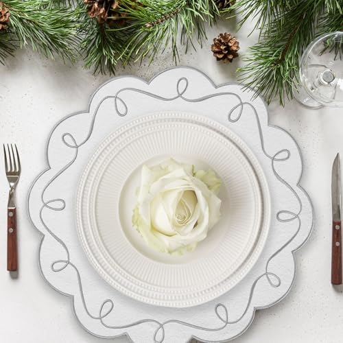 15 Inch Ribbon Twirl Embroidery Round Placemats Set of 4, Scalloped Round Table Mats for Party Kitchen Dining Decoration, Gray - Image 6