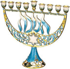 Hand Painted Blue Enamel Menorah Candelabra with a Star of David and - Image 3