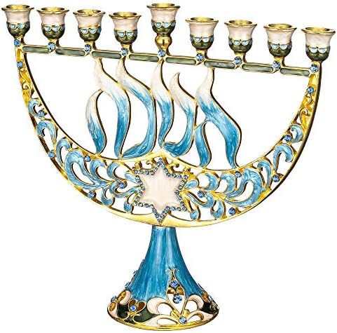 Hand Painted Blue Enamel Menorah Candelabra with a Star of David and - Image 3