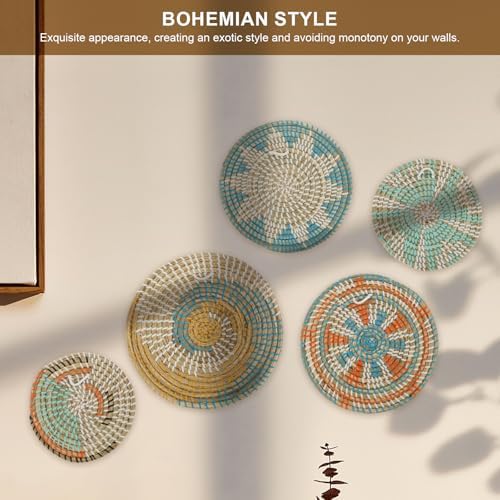 5 Pcs Boho Wall Basket Decor, Hanging Woven Wall Basket Decorative, Rattan Wall Basket Set, Round Woven Hanging Art, Woven Wall Plates Decor for Home Farmhouse Kitchen Table Living Room - Image 5