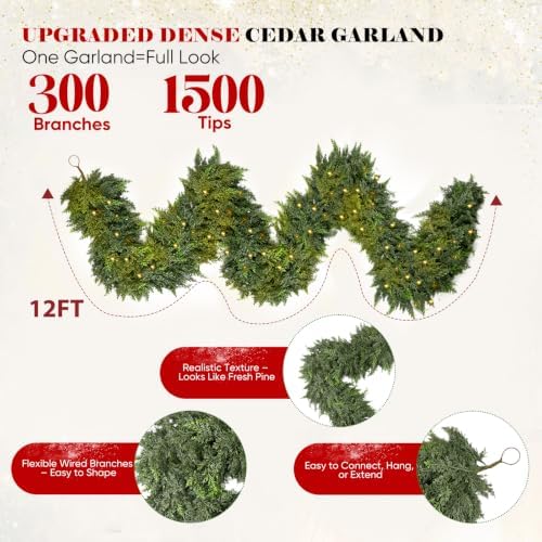 12 FT Cedar Christmas Garland with Light, Extra Full Artificial Cedar Garland with 1500 Tips, LED Lights with 8 Modes, Holiday Garland for Mantel, Staircase, Doorway - Image 2