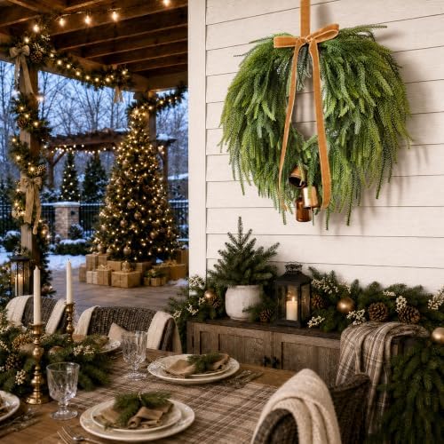 24" Christmas Wreaths Front Door Norfolk Pine Wreath with Bow Bells - Image 6