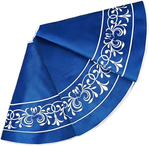 Blue Christmas Tree Skirt Velvet 48 Inch - Floral Embroidered Decoration - Image 2