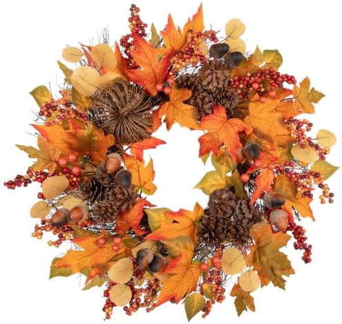 24" Fall Wreath for Front Door with Pinecones, Faux Maple, Berries & Acorns by NatureCrafted