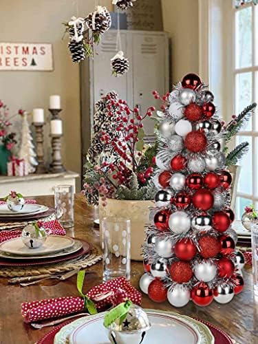 16" Tabletop Christmas Tree, Small Christmas Tree Decorations with 94 Shatterproof Ornaments Balls Miniature Cone Xmas Tree for Holiday Party Wedding -Red Sliver - Image 5