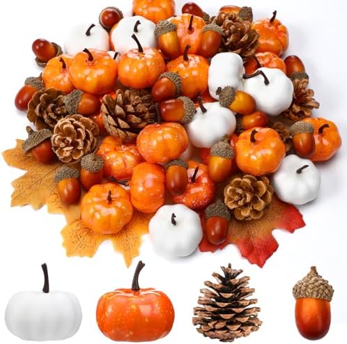 Yookeer 120pcs Fall Mini Pumpkins Artificial Acorn Pine Cone, Lovely Color by Yookeer